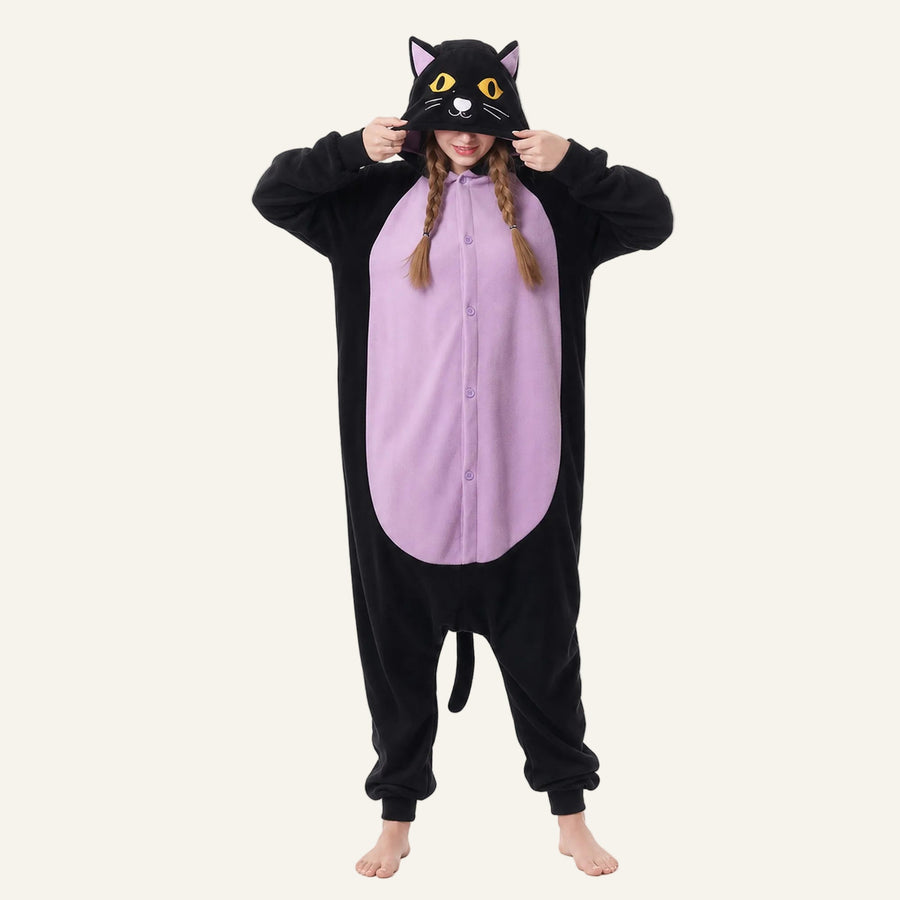 Black and purple cat Kigurumi pajama party outfit