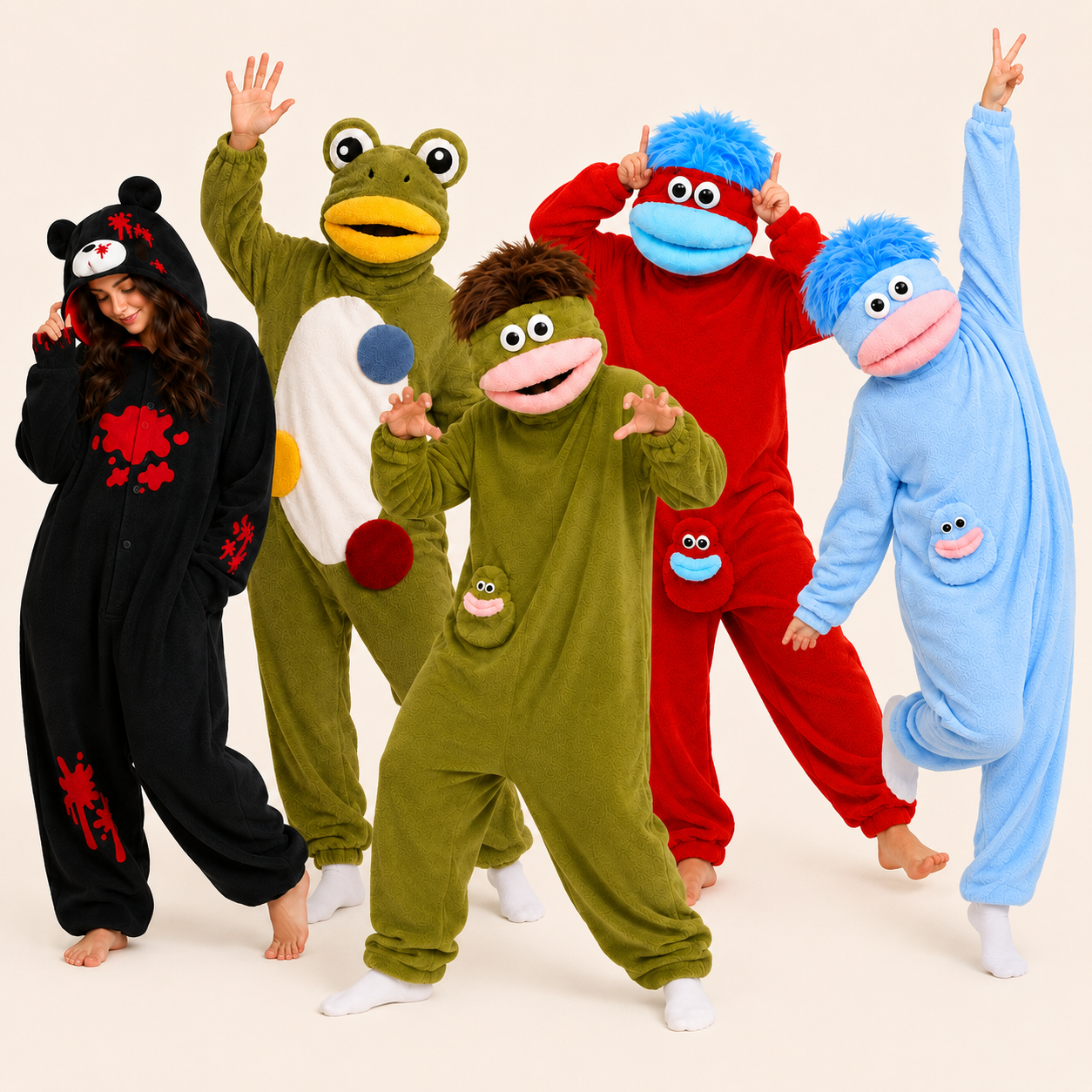 Olive Green and Powder Blue big mouth monster kigurumi onesies