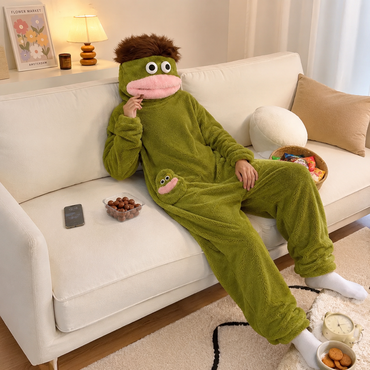 Woman relaxing at home in a teal dragon Kigurumi