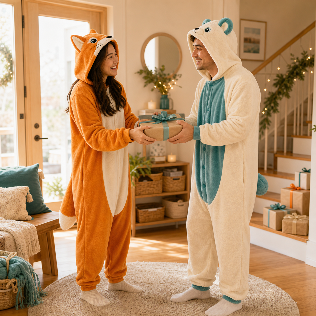 Two people exchanging a gift in matching Kigurumi