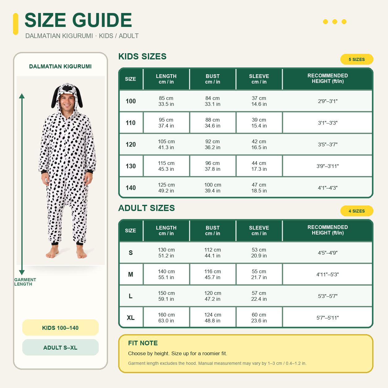 101 Dalmatians kigurumi onesie — 09 size guide
