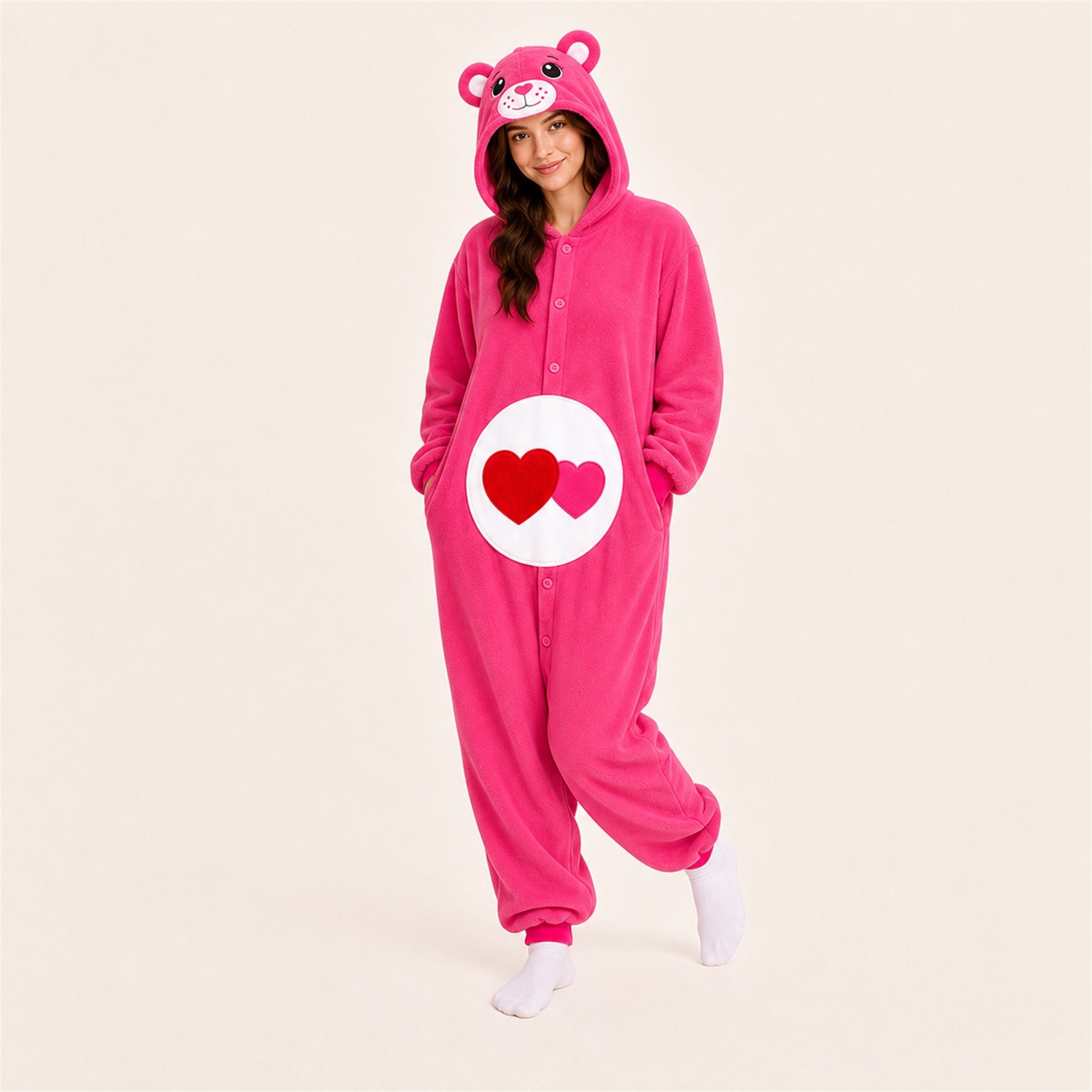 Front view of the Heart Pink adult icon bear kigurumi