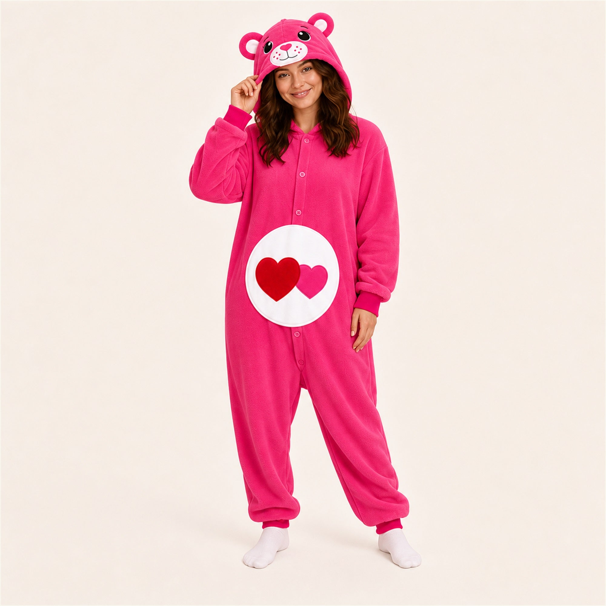 Model wearing the Heart Pink adult icon bear kigurumi