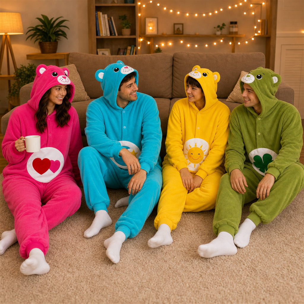 Friends wearing colorful icon bear kigurumi onesies at home