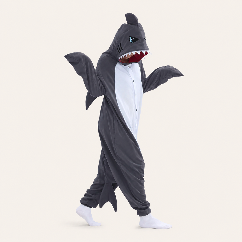 Model wearing the Charcoal Gray adult shark kigurumi onesie