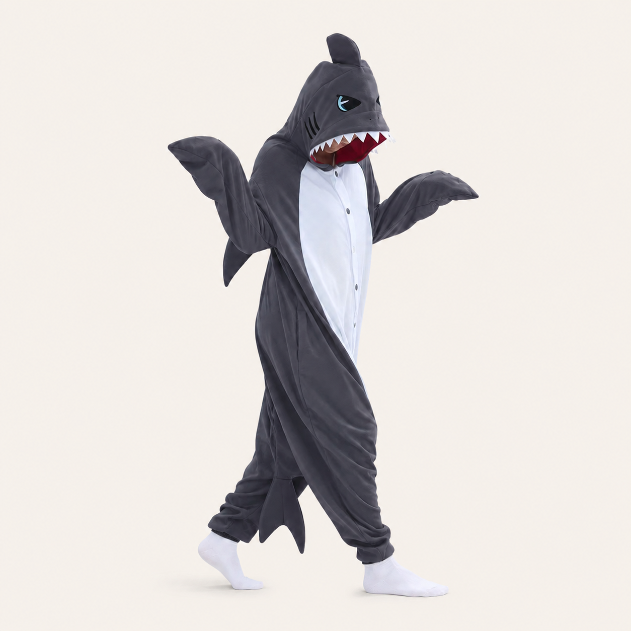 Model wearing the Charcoal Gray adult shark kigurumi onesie