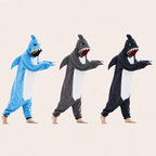 Ocean Blue, Charcoal Gray, and Midnight Navy shark kigurumi color lineup