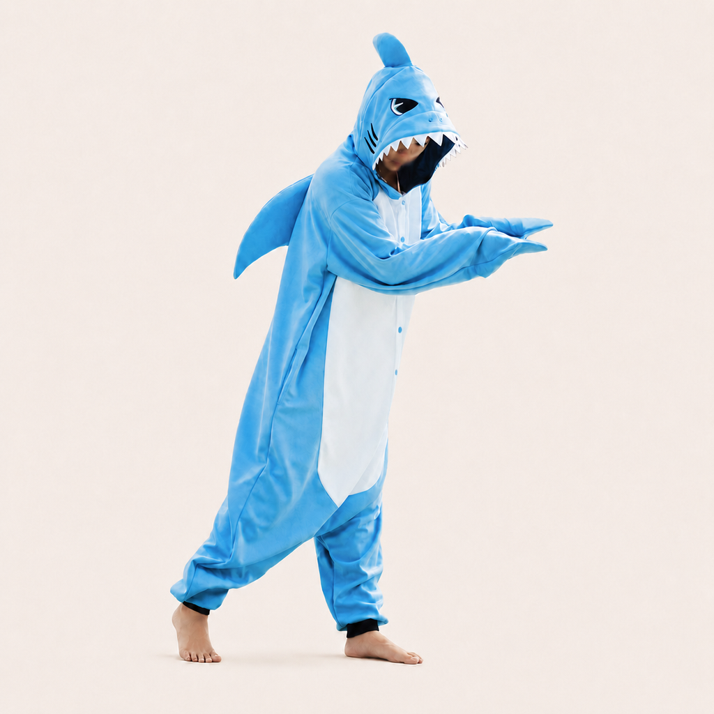 Ocean Blue shark kigurumi shown in a playful standing pose