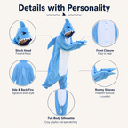 Shark kigurumi hood, front closure, roomy sleeves, and fin details