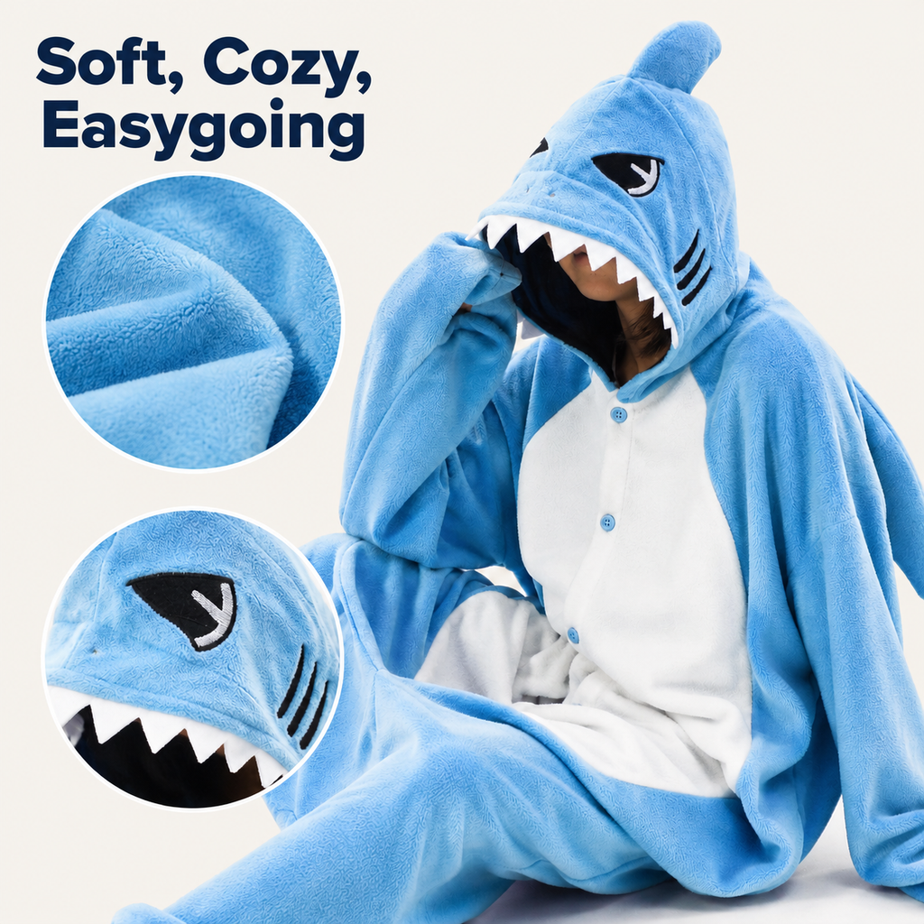 Close-up view of the shark kigurumi fleece texture