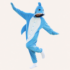 Model wearing the Ocean Blue adult shark kigurumi onesie
