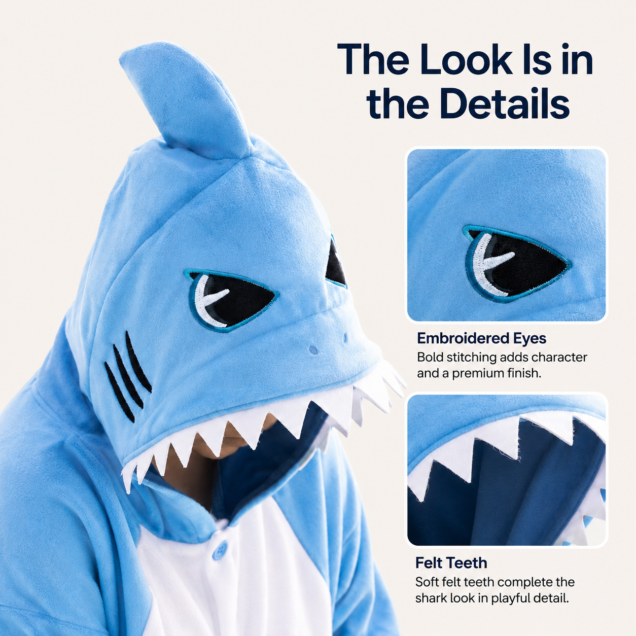 Close-up of the shark hood with embroidered eyes and felt teeth