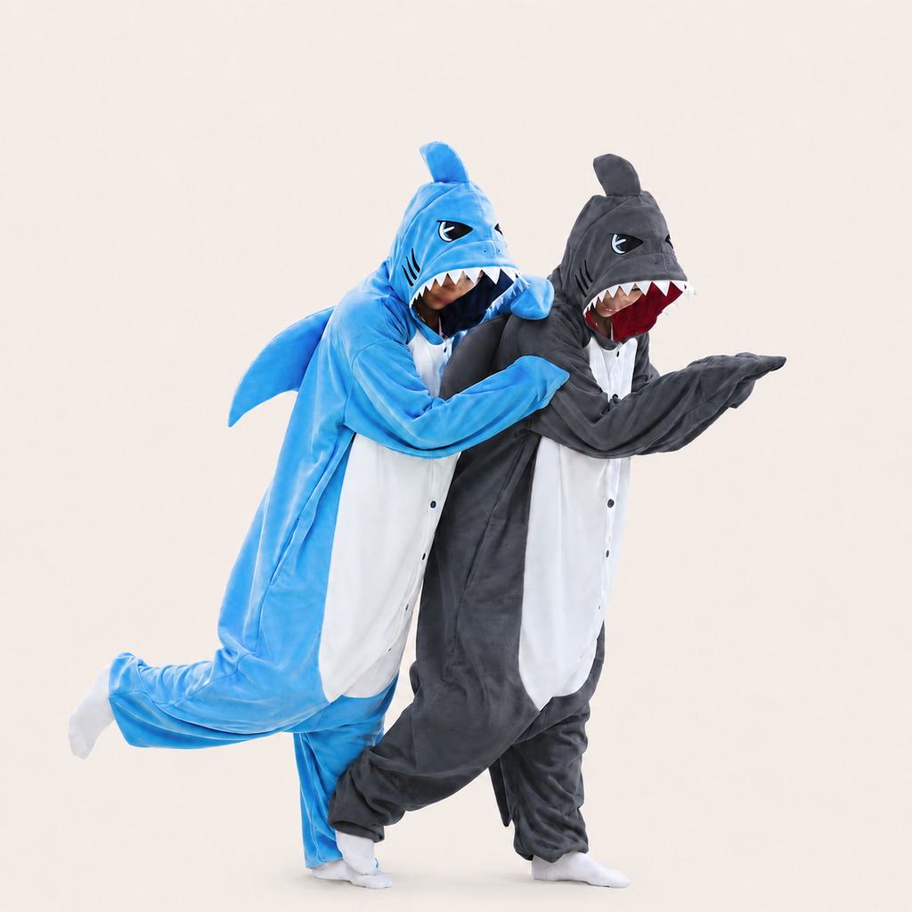 Ocean Blue and Charcoal Gray shark kigurumi onesies worn together