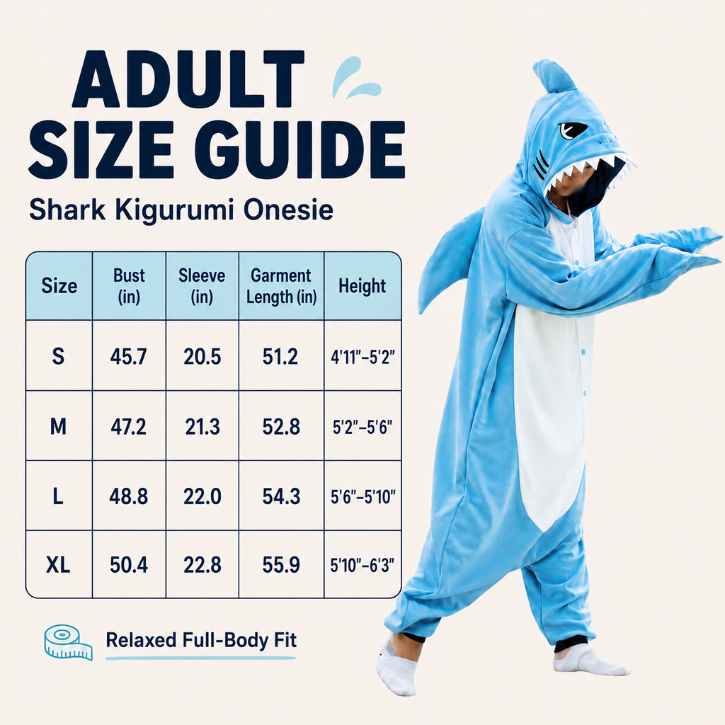 Adult shark kigurumi size guide for sizes S through XL