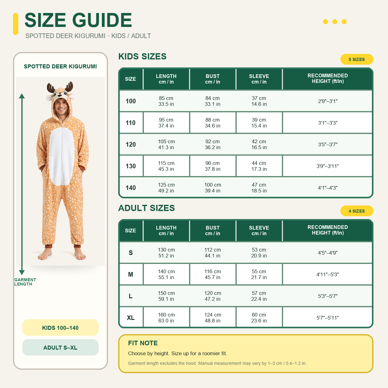 Bambi kigurumi onesie — 09 size guide