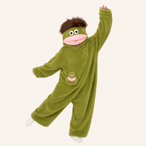 Olive Green big mouth monster kigurumi in a playful pose