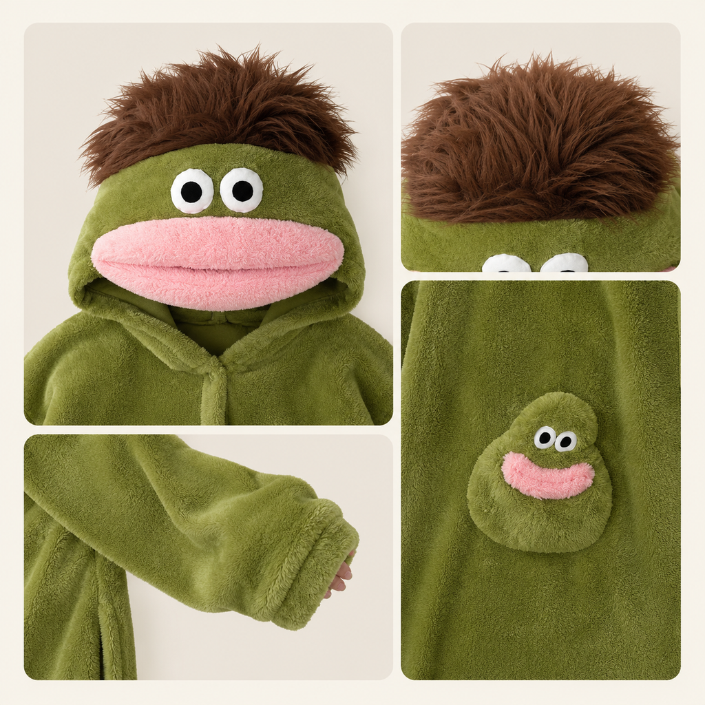 Monster kigurumi hood, sleeve, tuft, and character pocket details