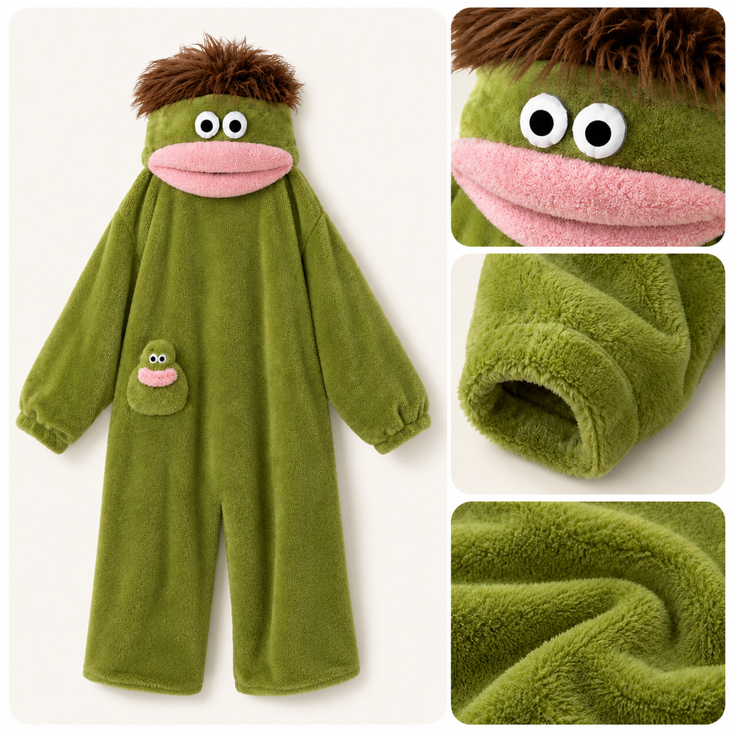 Big mouth monster kigurumi fabric, cuff, and pocket details