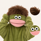 Close-up of the monster hood with dimensional eyes, plush mouth, and shaggy tuft