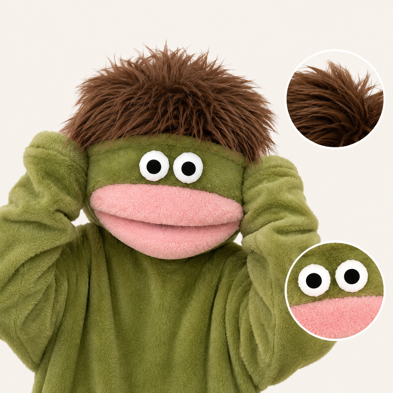 Close-up of the monster hood with dimensional eyes, plush mouth, and shaggy tuft