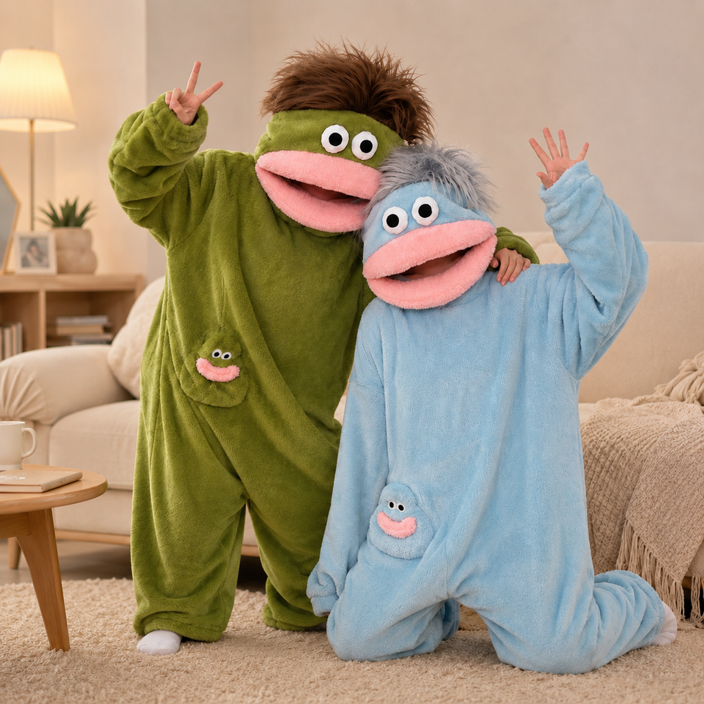 Two people wearing Olive Green and Powder Blue monster kigurumi onesies