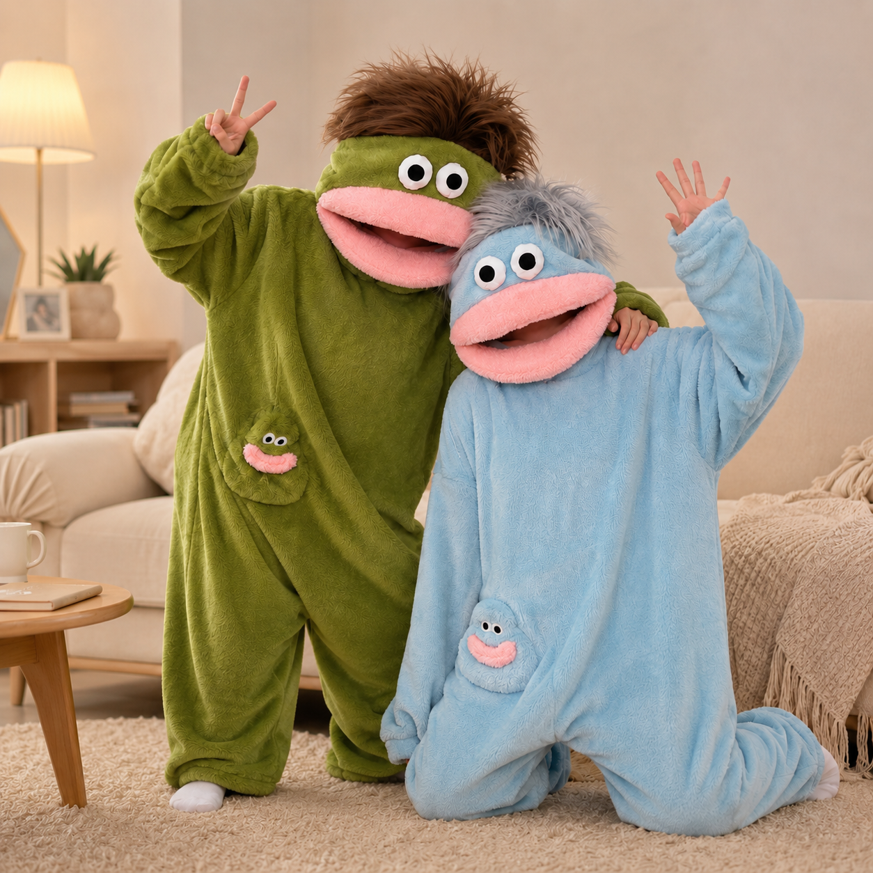 Two people wearing Olive Green and Powder Blue monster kigurumi onesies