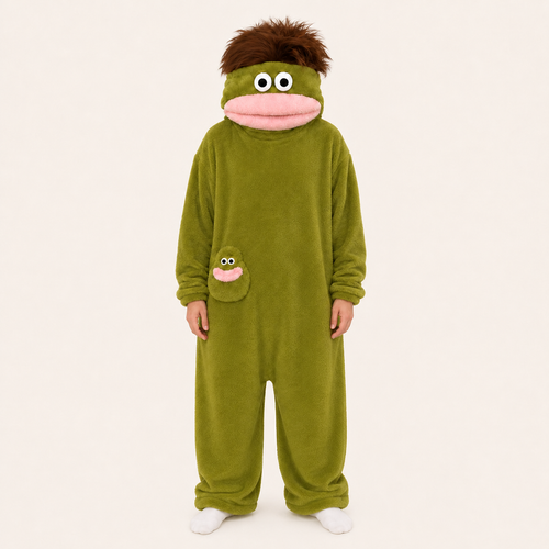 Olive Green big mouth monster kigurumi for adults