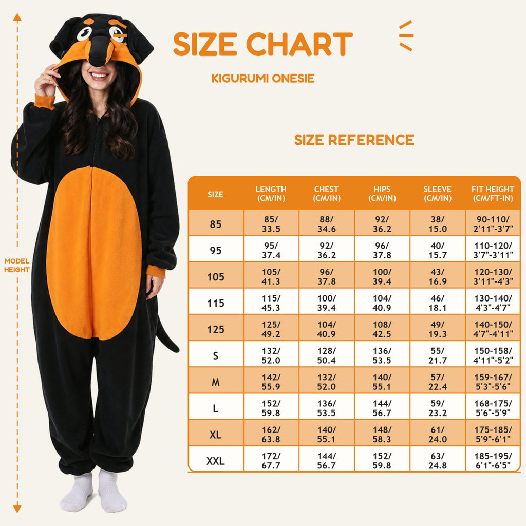 Black & Orange Hound Dog Kigurumi Onesie - size guide