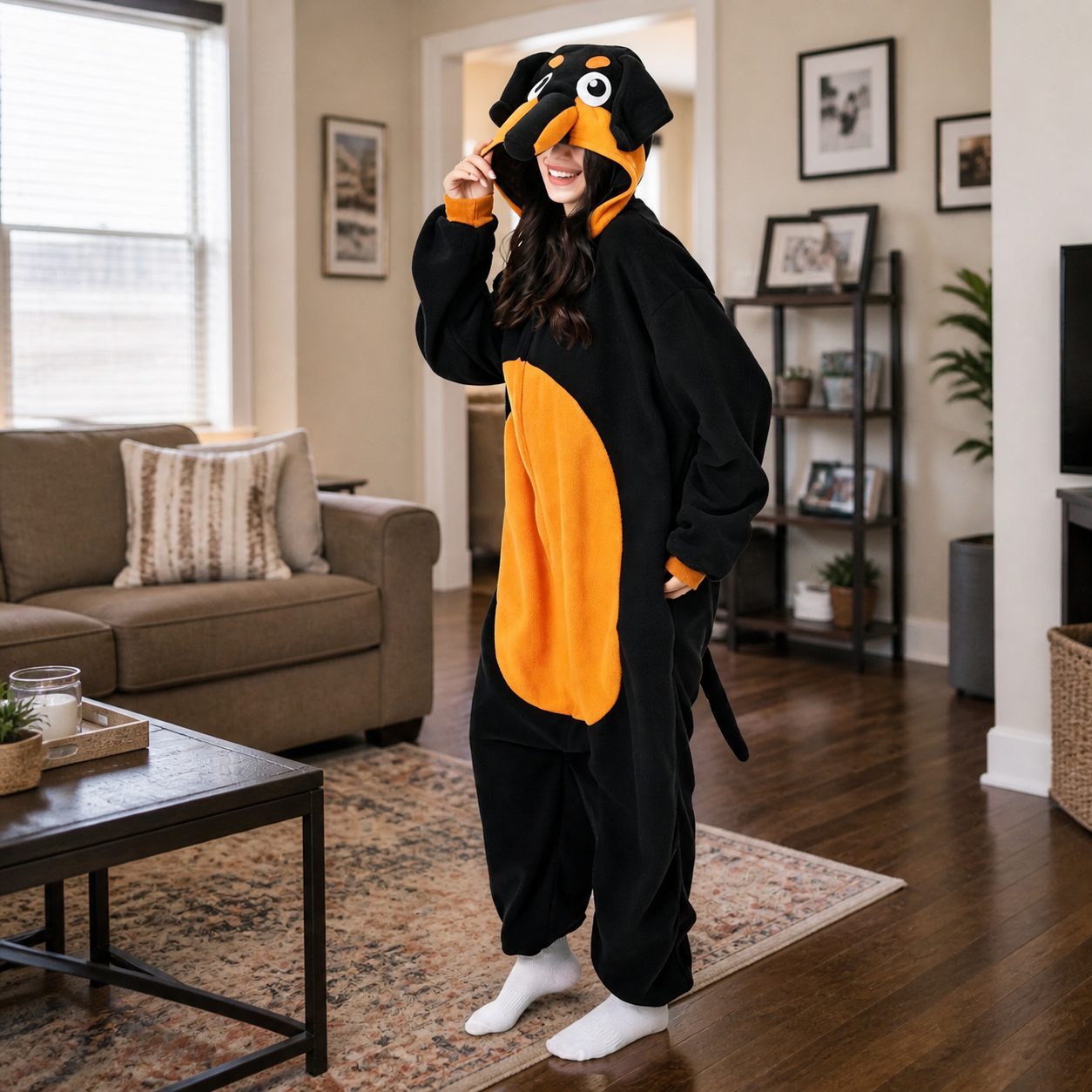 Black & Orange Hound Dog Kigurumi Onesie - lifestyle