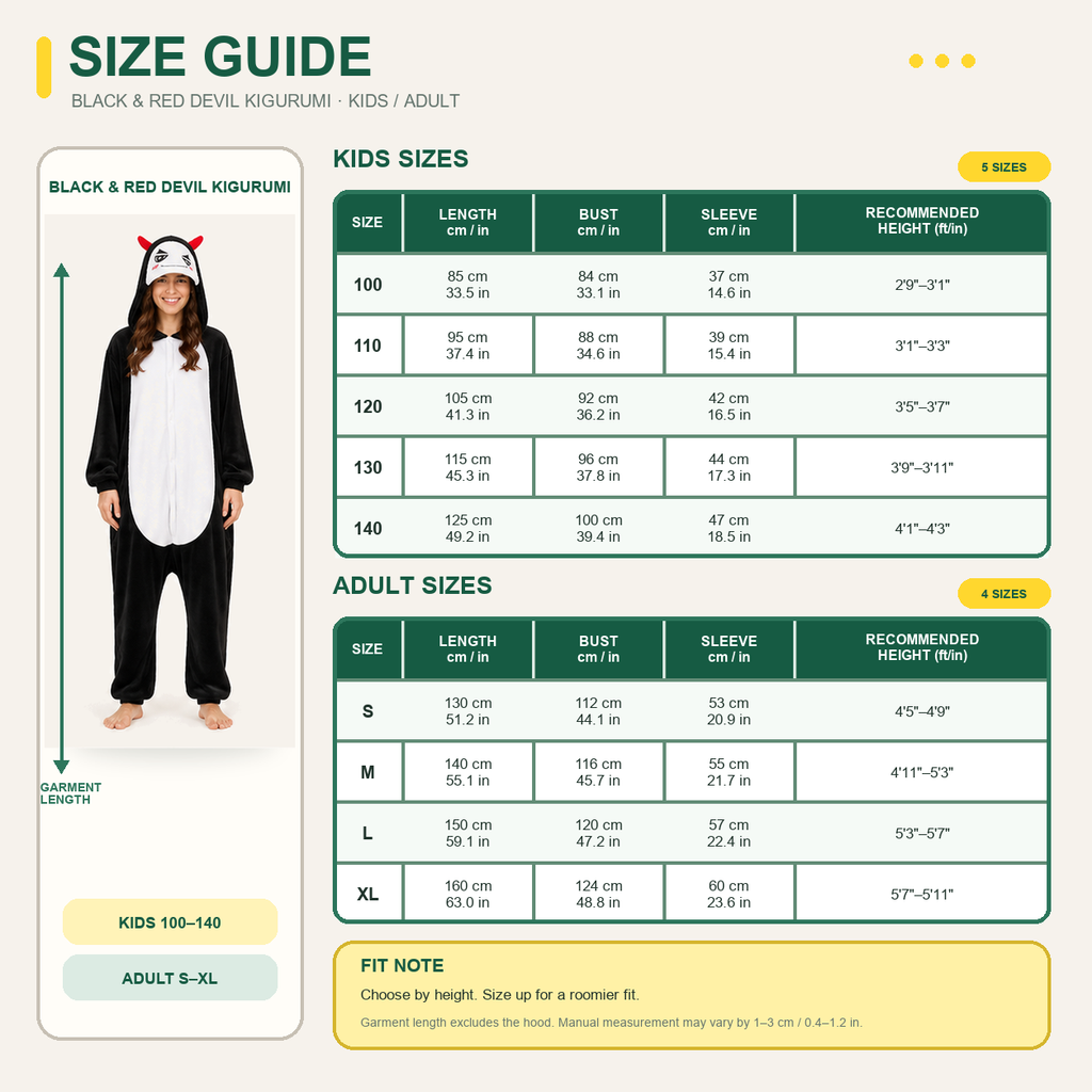 Anime Devil Character kigurumi onesie — 09 size guide