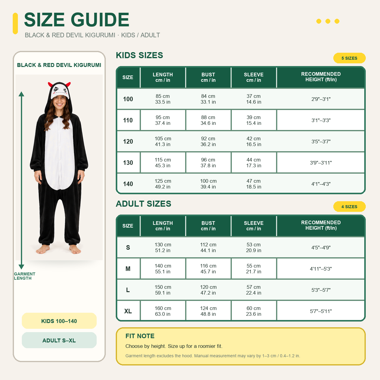 Anime Devil Character kigurumi onesie — 09 size guide