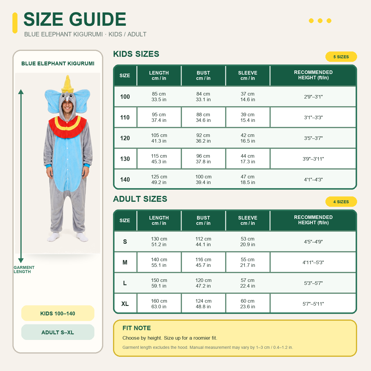Dumbo Blue Elephant Kigurumi Onesie 09 size guide