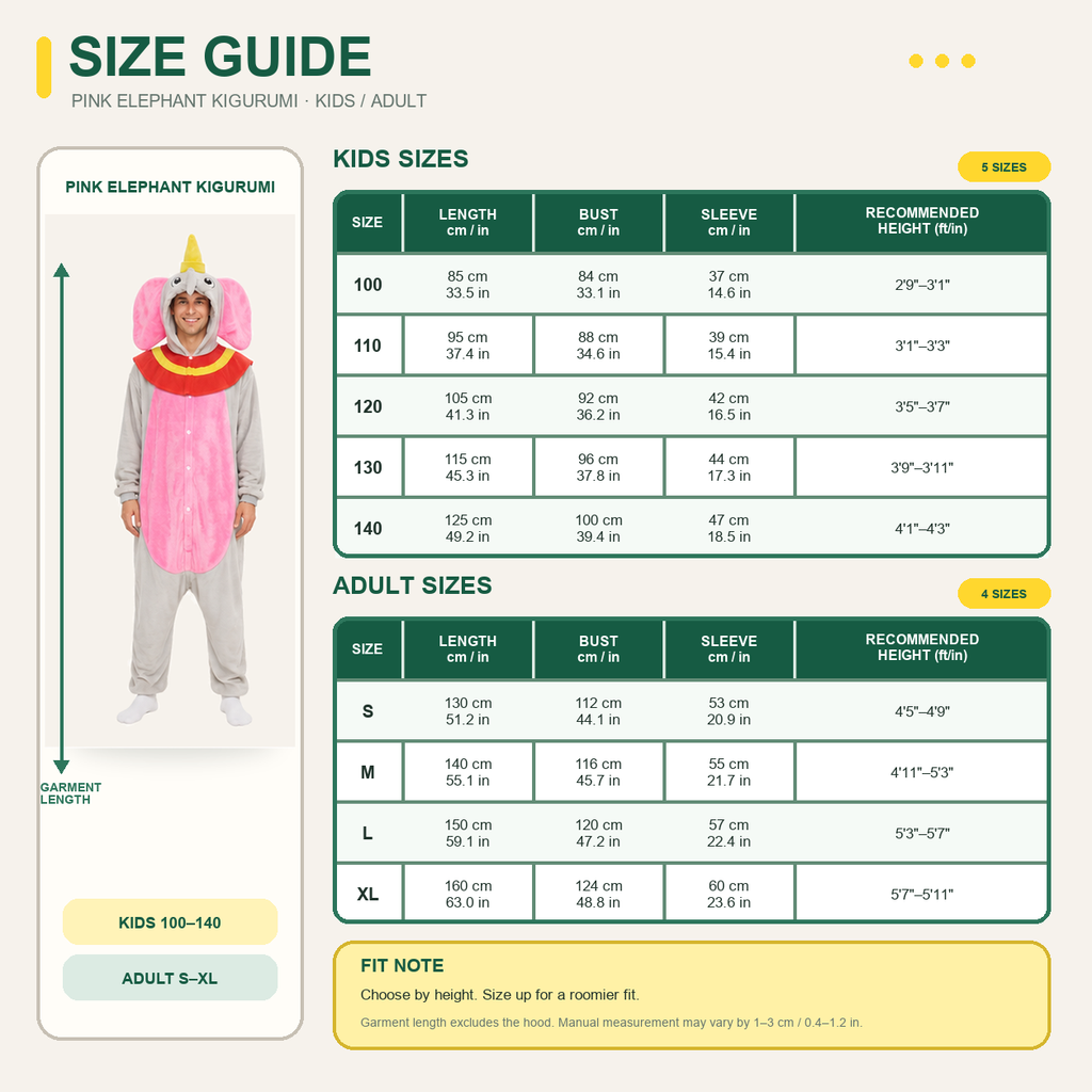 Dumbo Pink Elephant Kigurumi Onesie 09 size guide