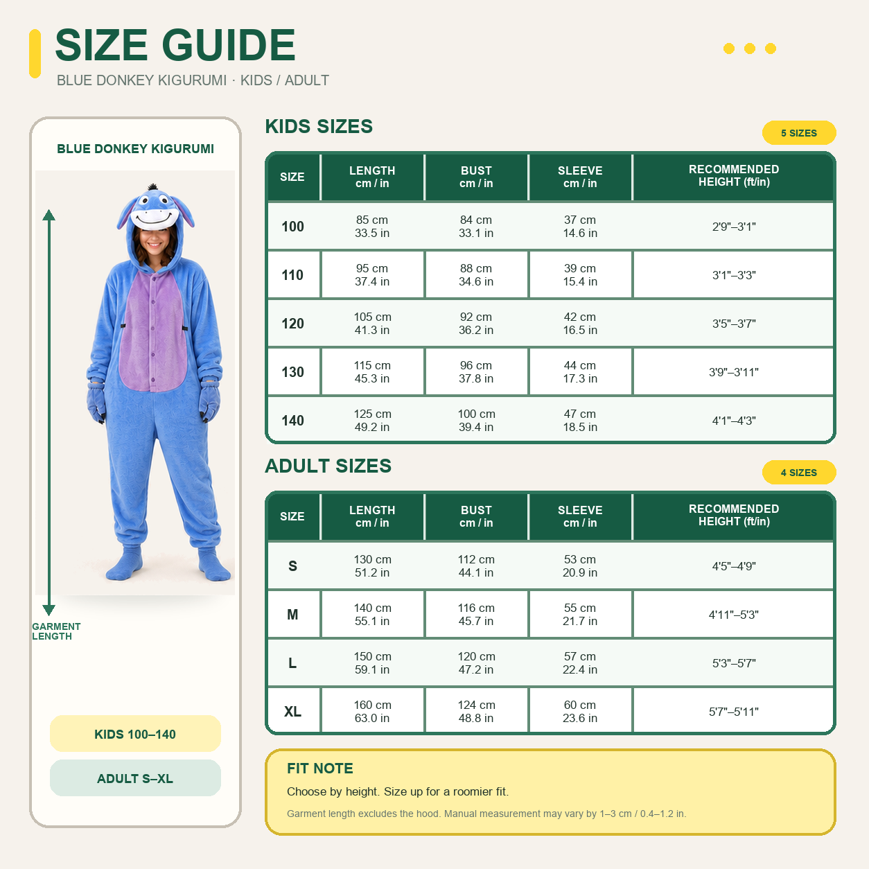 Eeyore kigurumi onesie — 09 size guide