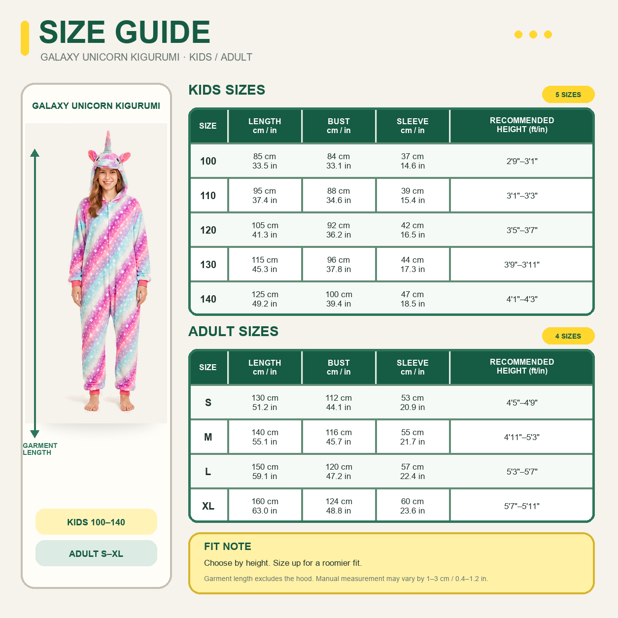 Galaxy Unicorn kigurumi onesie — 09 size guide