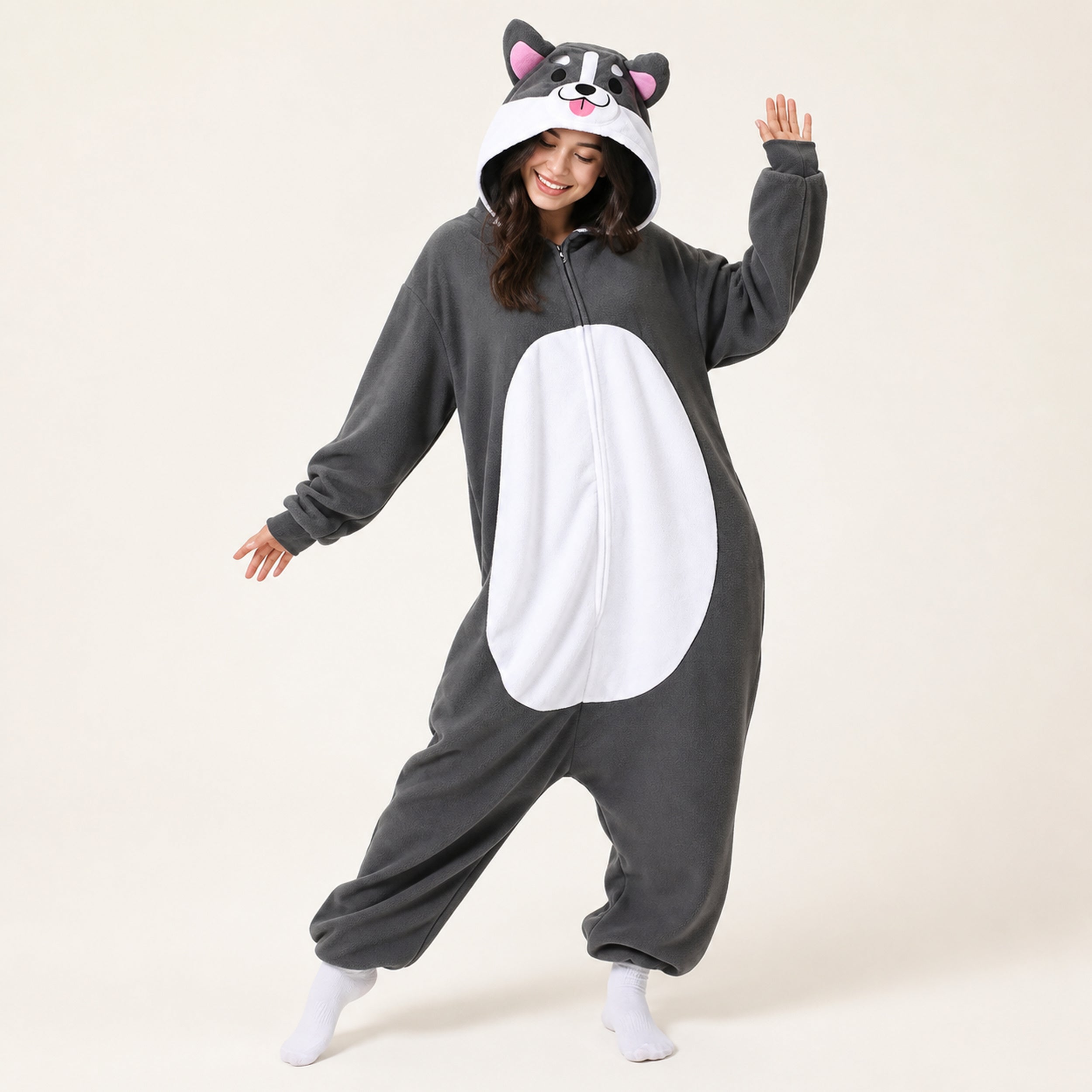 Gray Dog Kigurumi Onesie - dynamic look