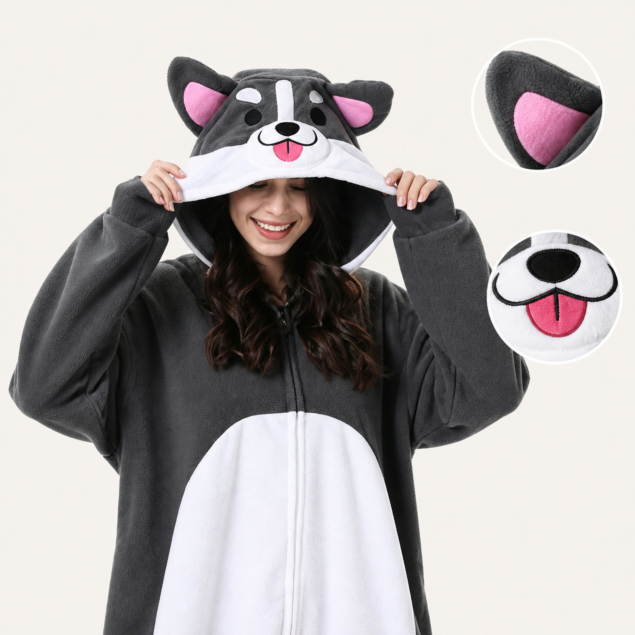 Gray Dog Kigurumi Onesie - character detail