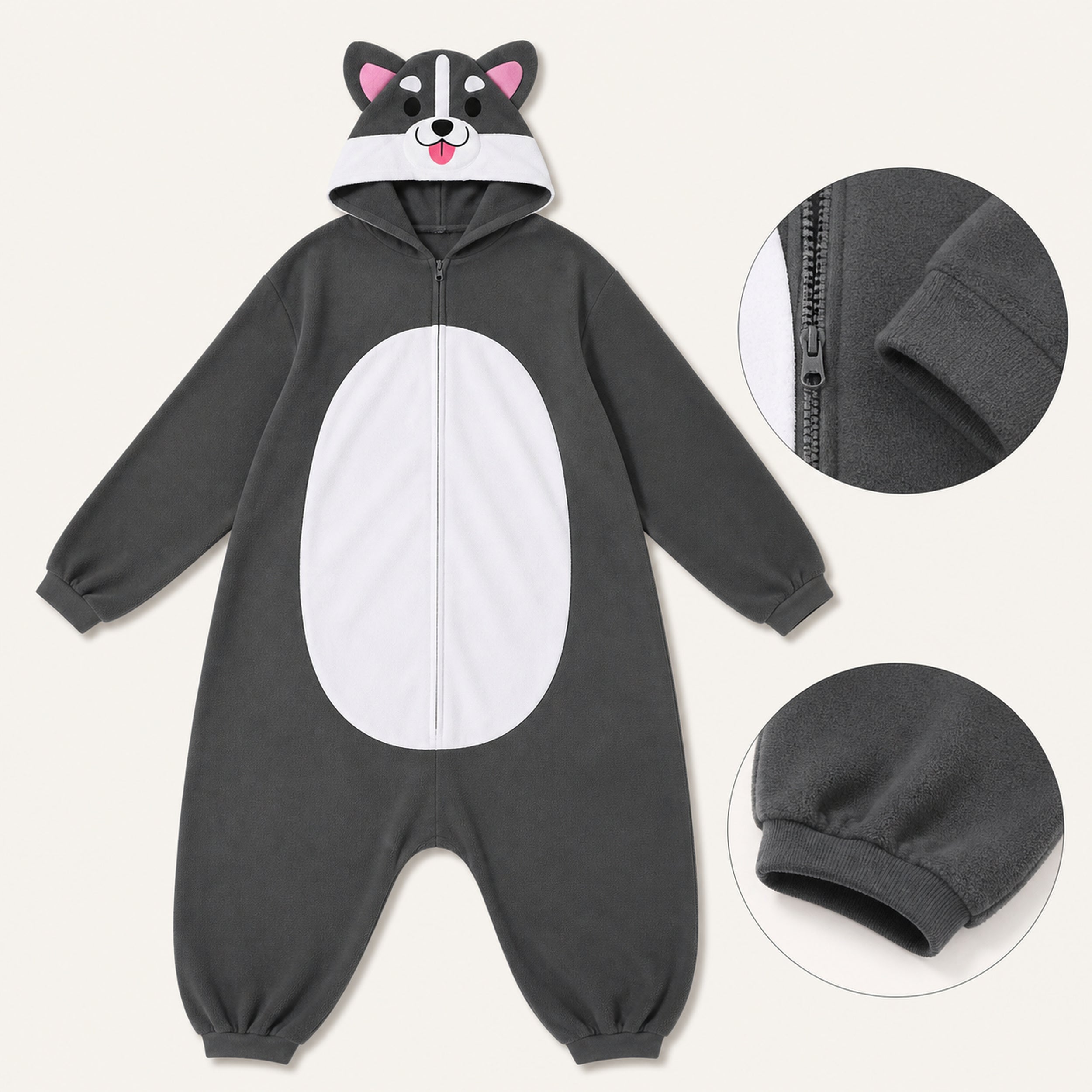 Gray Dog Kigurumi Onesie - feature details