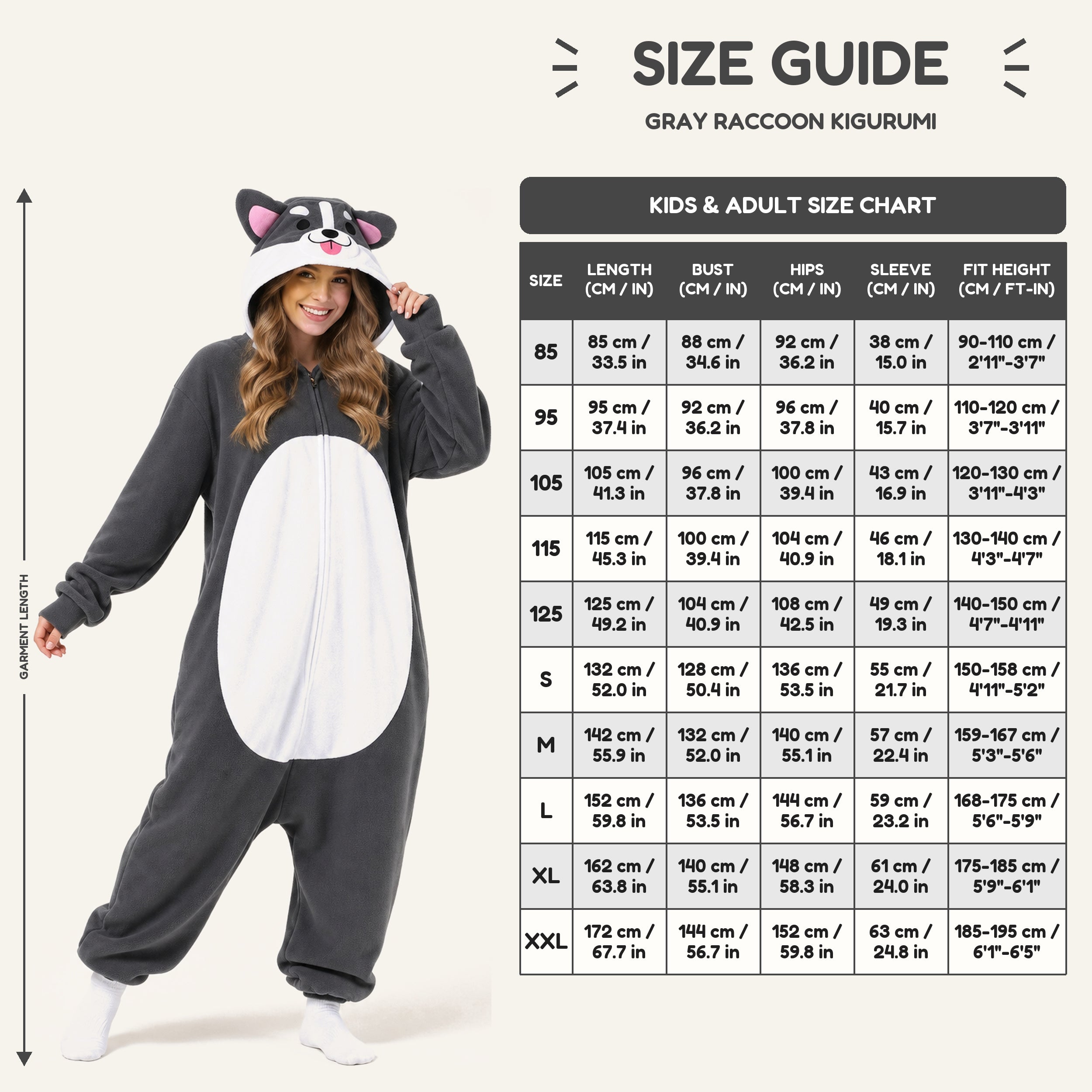 Gray Dog Kigurumi Onesie - size guide