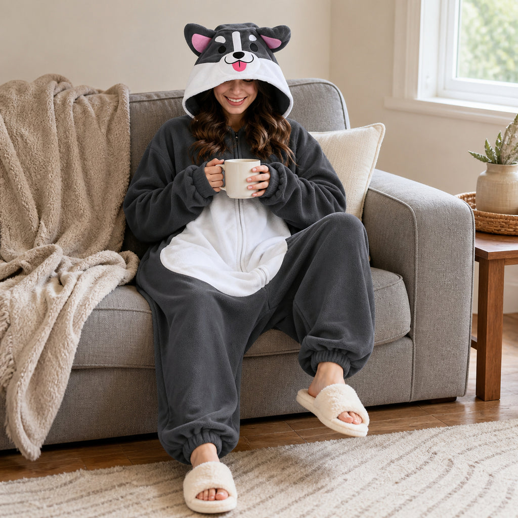 Gray Dog Kigurumi Onesie - lifestyle