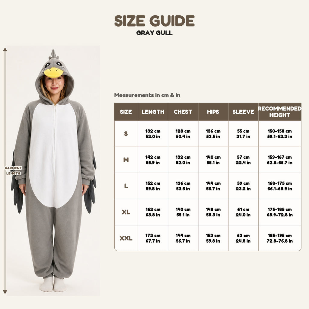 Gray Gull Kigurumi Onesie size guide