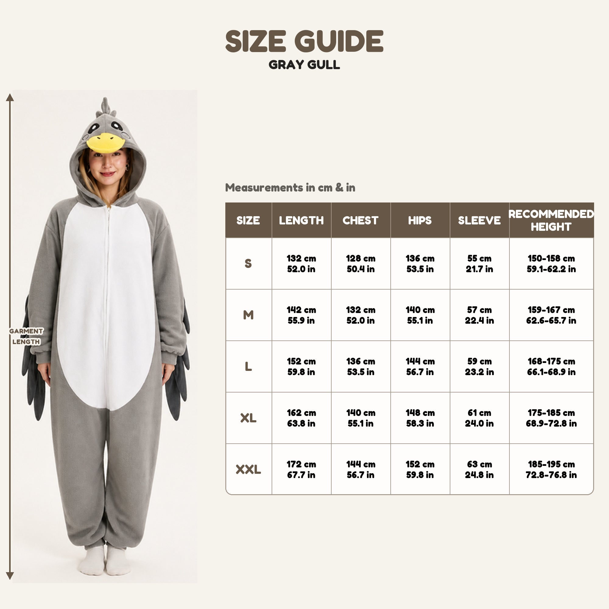 Gray Gull Kigurumi Onesie size guide