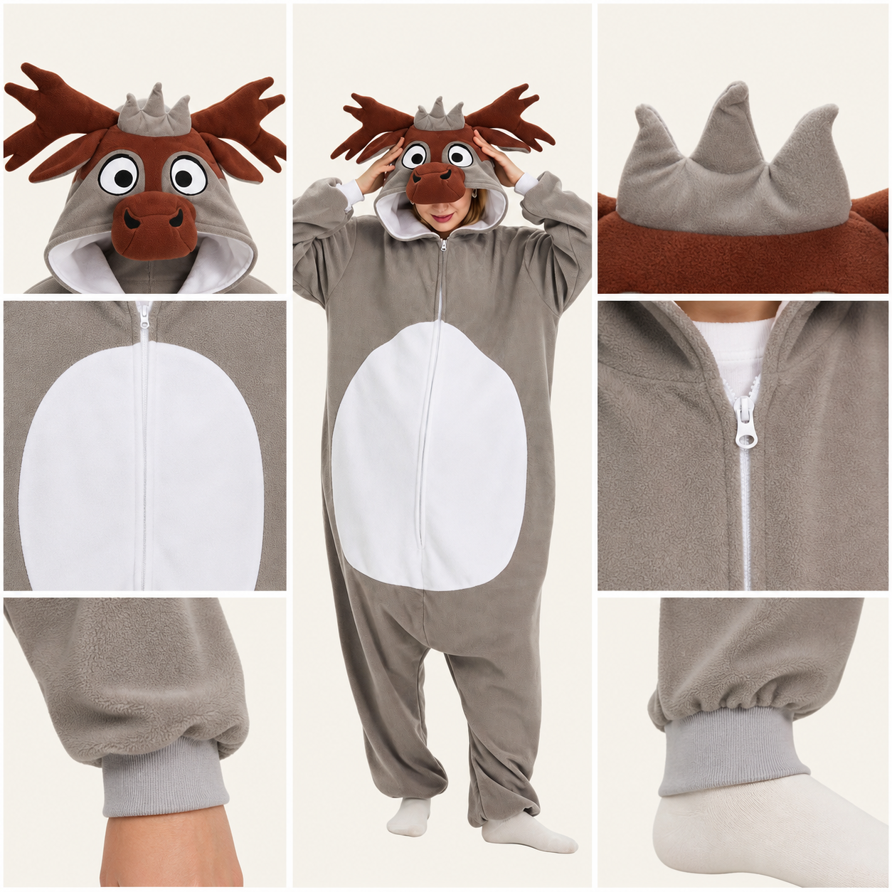 Gray Moose Kigurumi Onesie - feature details