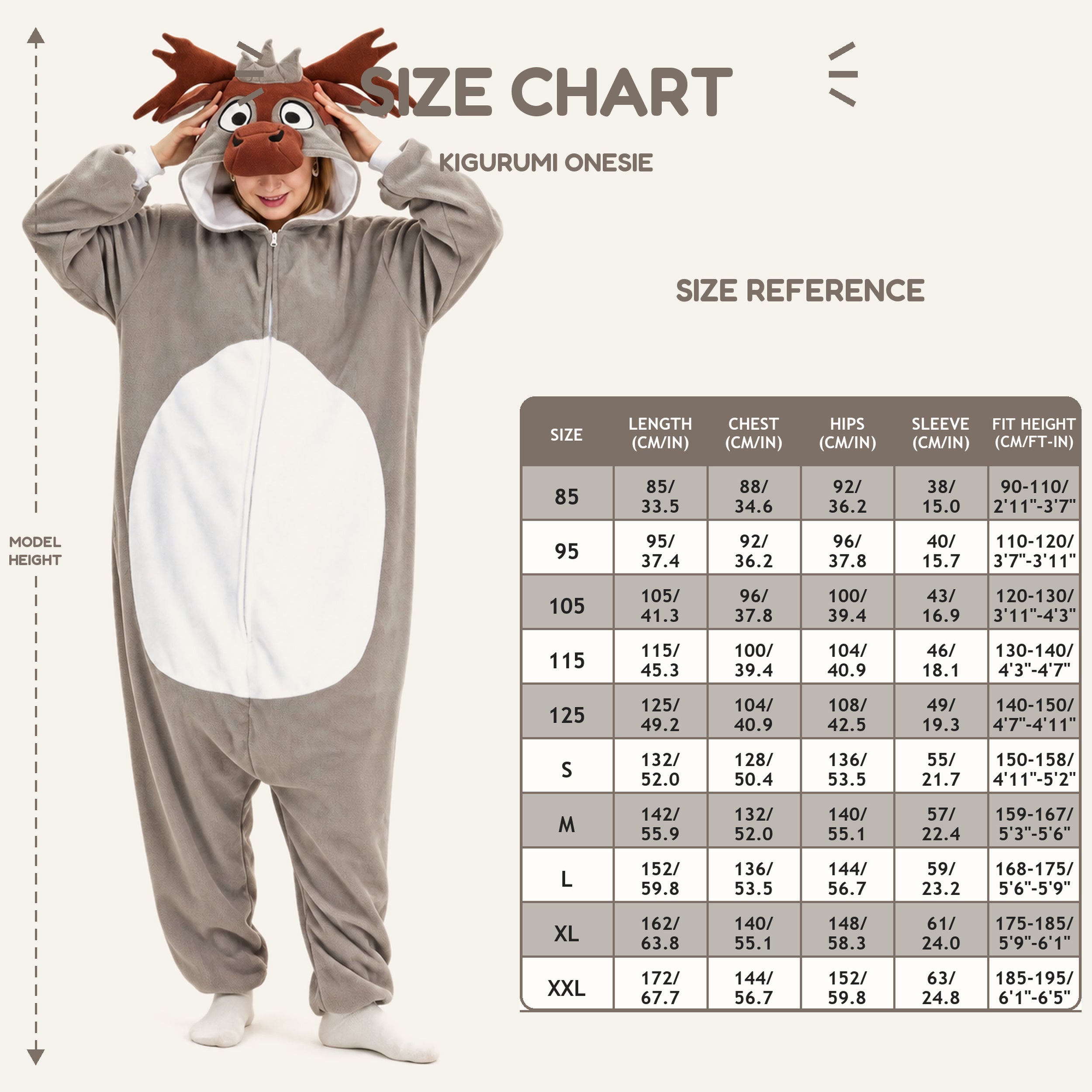 Gray Moose Kigurumi Onesie - size guide