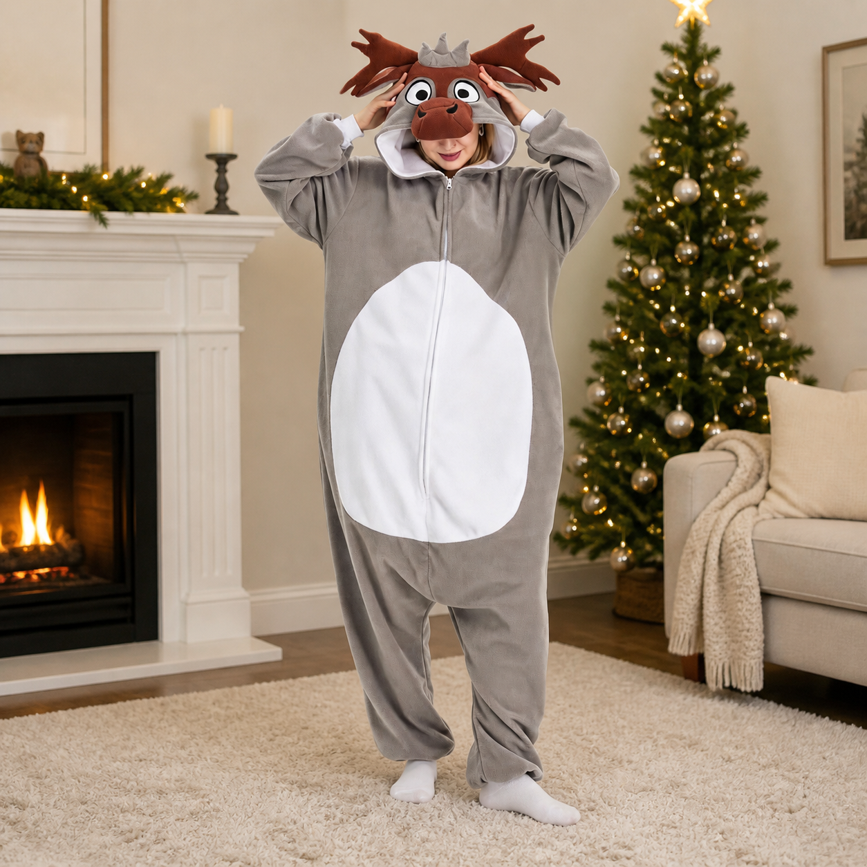 Gray Moose Kigurumi Onesie - lifestyle