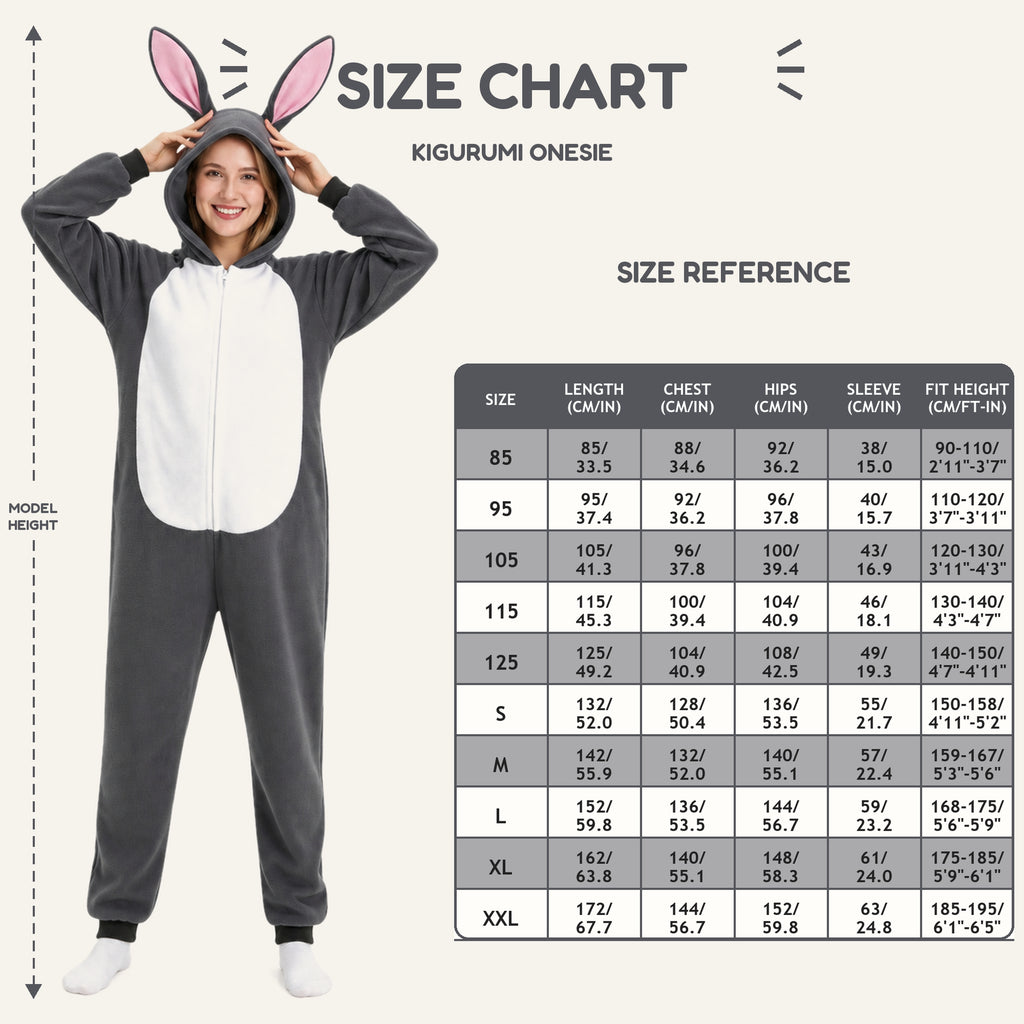Gray Rabbit Kigurumi Onesie - size guide