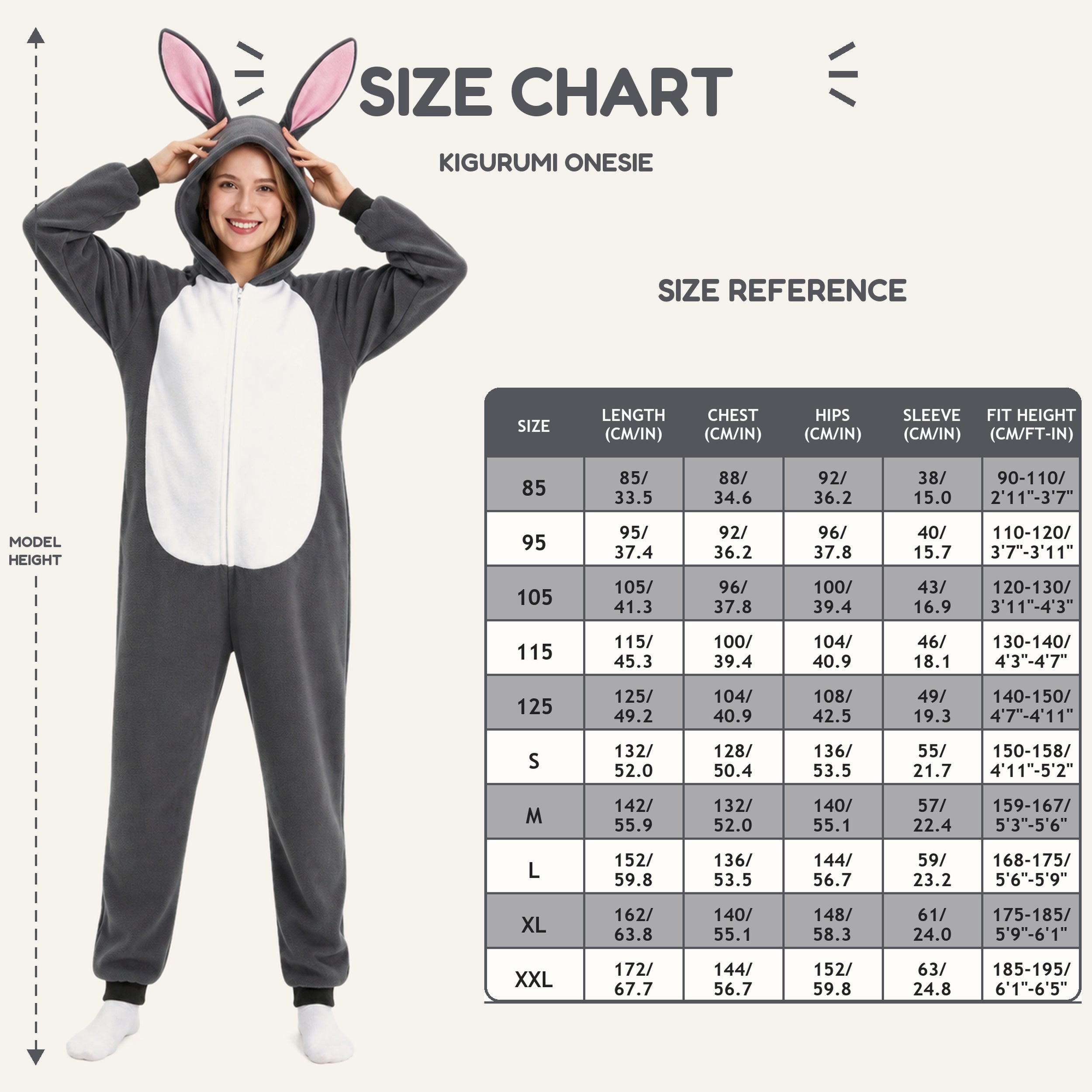Gray Rabbit Kigurumi Onesie - size guide