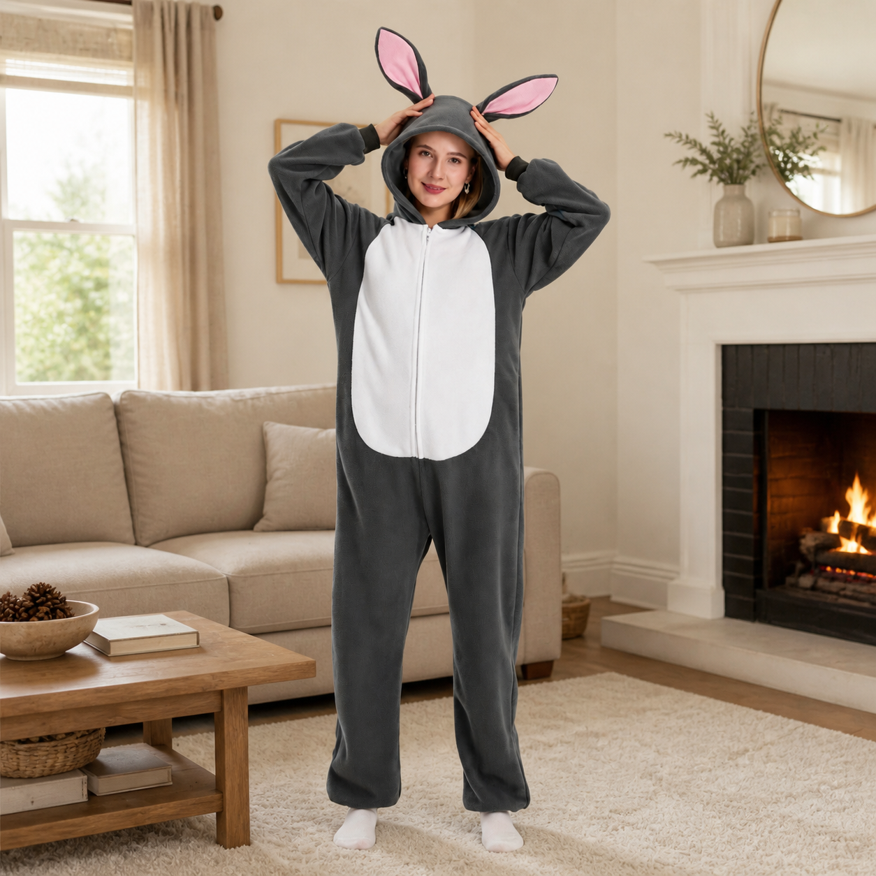 Gray Rabbit Kigurumi Onesie - lifestyle