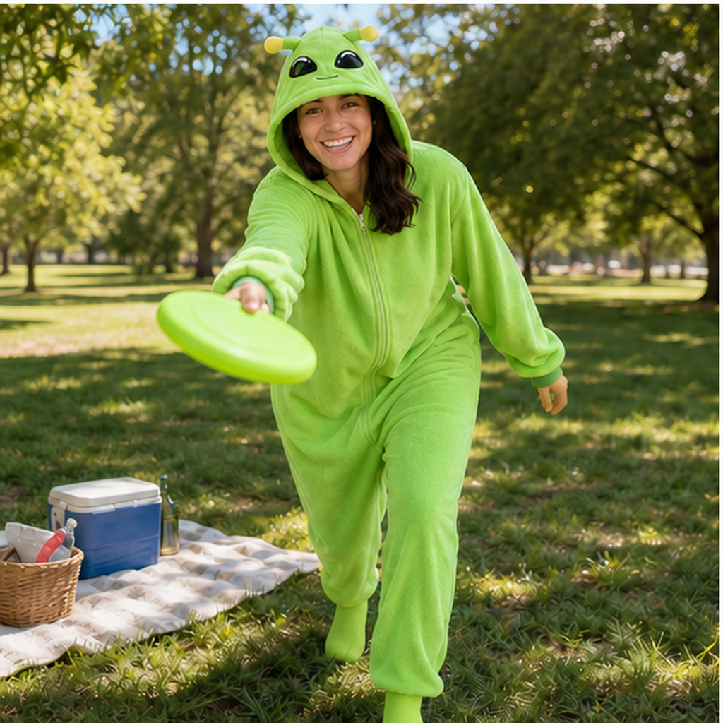 Green Alien Kigurumi Onesie 07 outdoor scene
