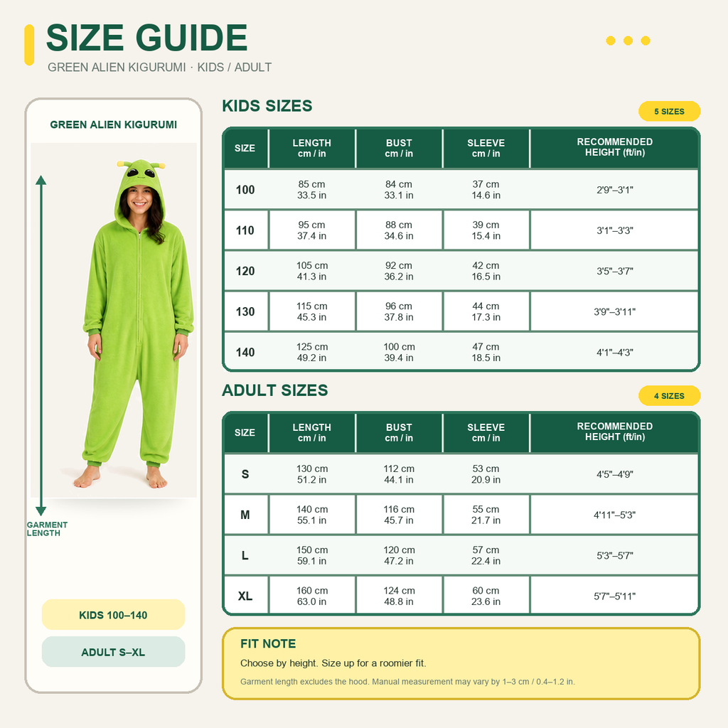 Green Alien Kigurumi Onesie 09 size guide